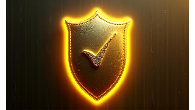 Abstrakter goldener Schild mit stilisiertem Haken, der Schutz und Zufriedenheit symbolisiert