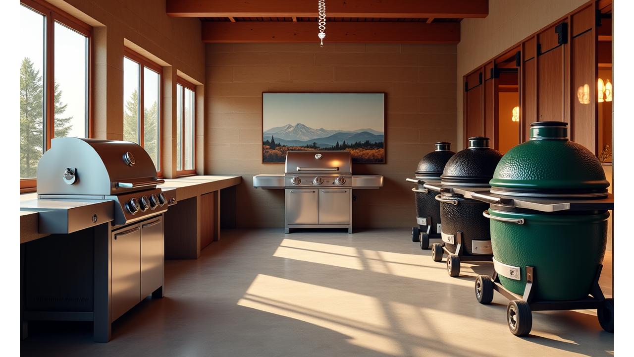 Eine beeindruckende Auswahl an verschiedenen Premium-Grills, darunter Gasgrills, Holzkohlegrills und Keramikgrills, prominent platziert in einem stilvollen Showroom, umgeben von warmen Holzakzenten und alpinen Details.