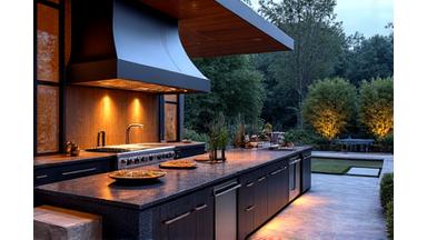 Massive Outdoor-Küche mit integriertem Grill und Arbeitsbereichen.