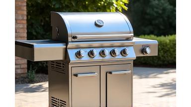 Ein grosser, glänzender Edelstahl-Gasgrill mit mehreren Brennern.