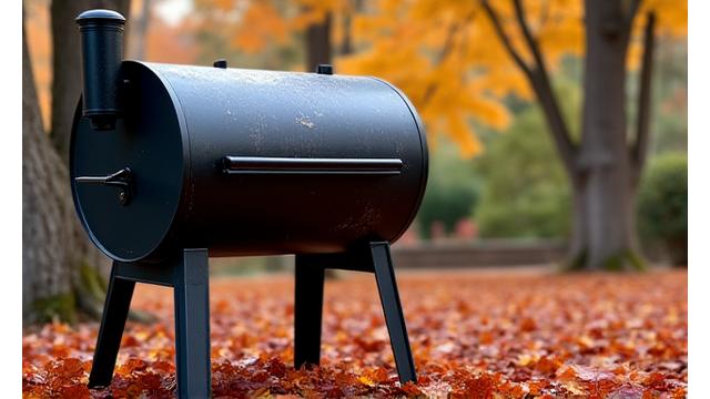 Ein Holzkohle-Smoker in einem herbstlichen Garten, umgeben von bunten Blättern.