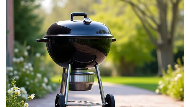 Ein strahlender Holzkohlegrill im Freien mit frischen Frühlingsblumen im Hintergrund.