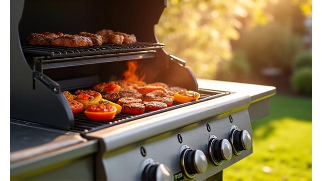 Eine Familie geniesst ein Barbecue auf einem grossen Gasgrill an einem sonnigen Sommertag im Garten.