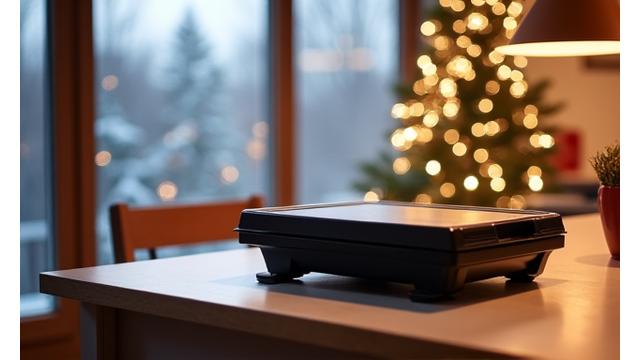 Ein moderner Elektrogrill, innen auf einem Küchentisch, während draussen Schnee liegt.