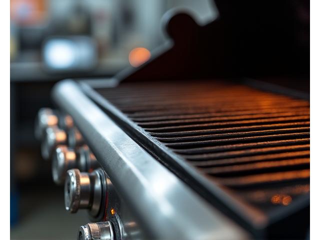 Ein Detailbild eines modernen Gasgrills mit Fokus auf die Bedienelemente, gusseiserne Roste und präzise sichtbare Temperaturanzeigen, vor einem unscharfen Hintergrund.