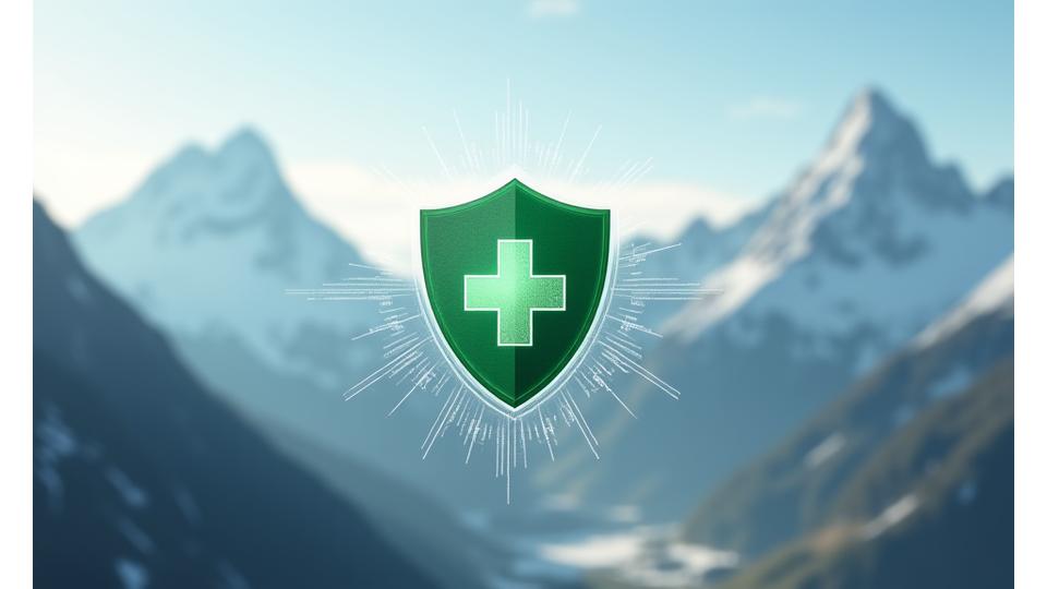 Grafik eines stilisierten Schutzschildes mit einem Schweizer Kreuz, umgeben von digitalen Sicherheitssymbolen, vor einem Hintergrund von Schweizer Bergen.