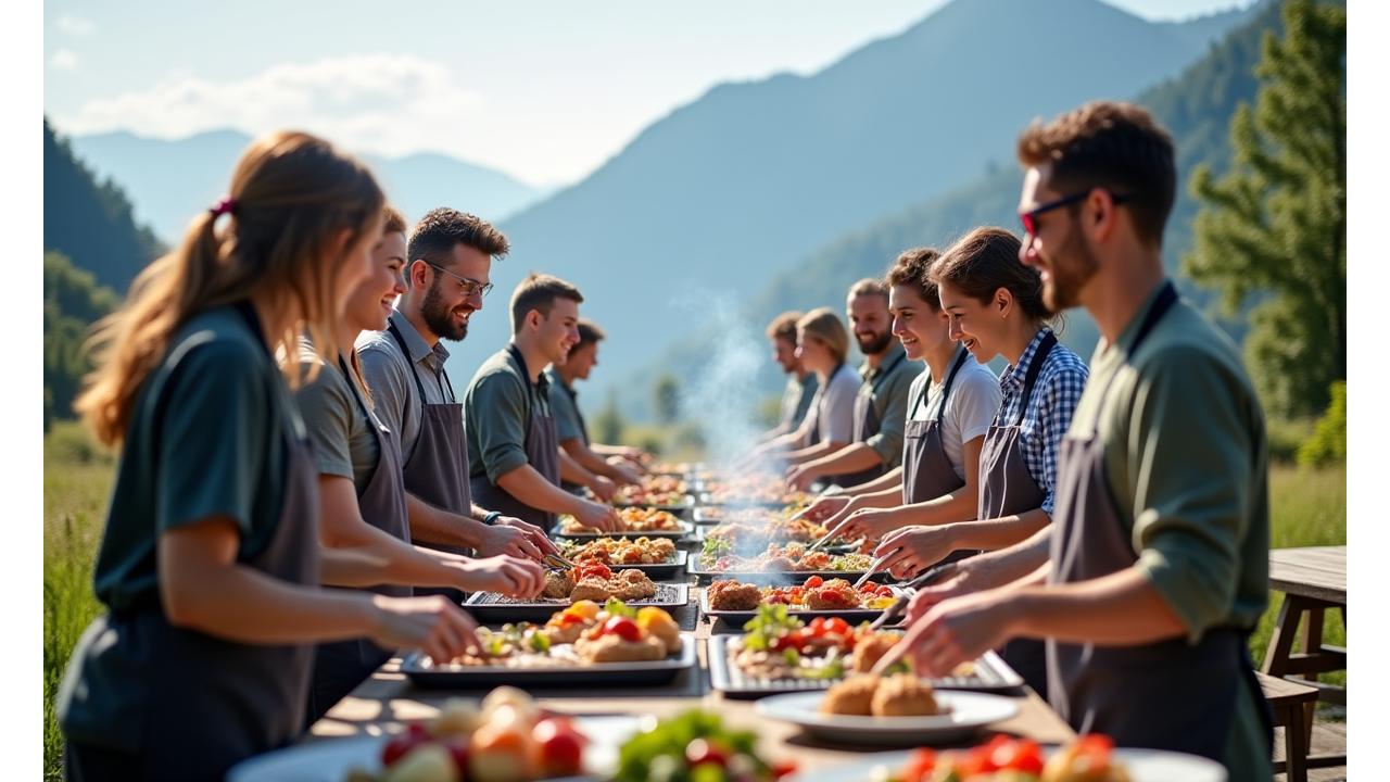 Gruppe von lachenden Mitarbeitern, die zusammen beim Outdoor-Grillen Teamaufgaben lösen, im Hintergrund verschwommene Alpenkulisse