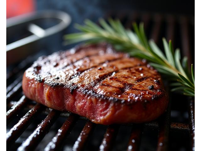 Perfekt angebratenes Steak auf einem Rost mit Grillwerkzeugen
