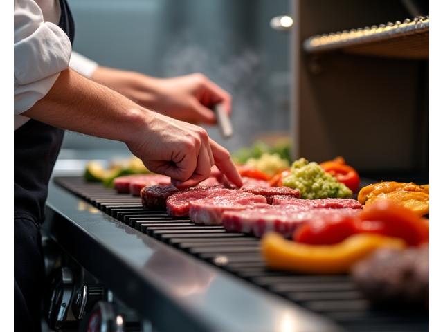 Chef griliert mit Präzision verschiedene Fleischsorten auf einem High-End-Grill