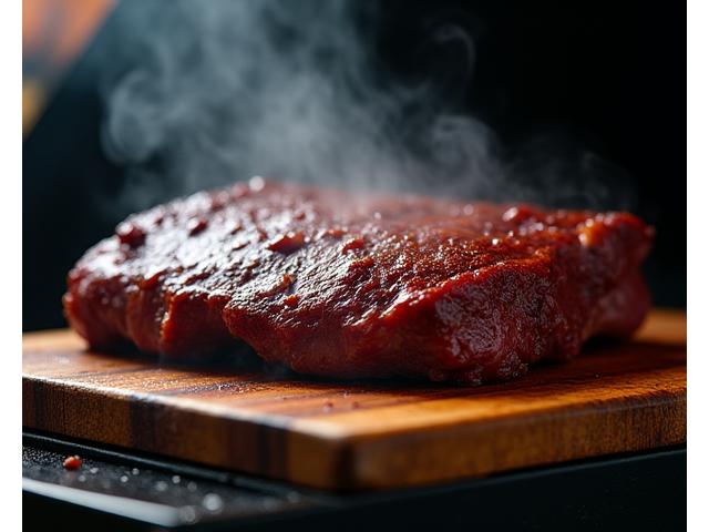 Rauchiger Brisket im Smoker mit rauchigem Hintergrund