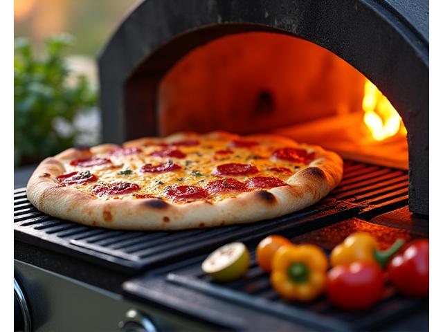 Frisch gebackene Pizza und gegrilltes Gemüse auf einem Pizzaofen und Grill