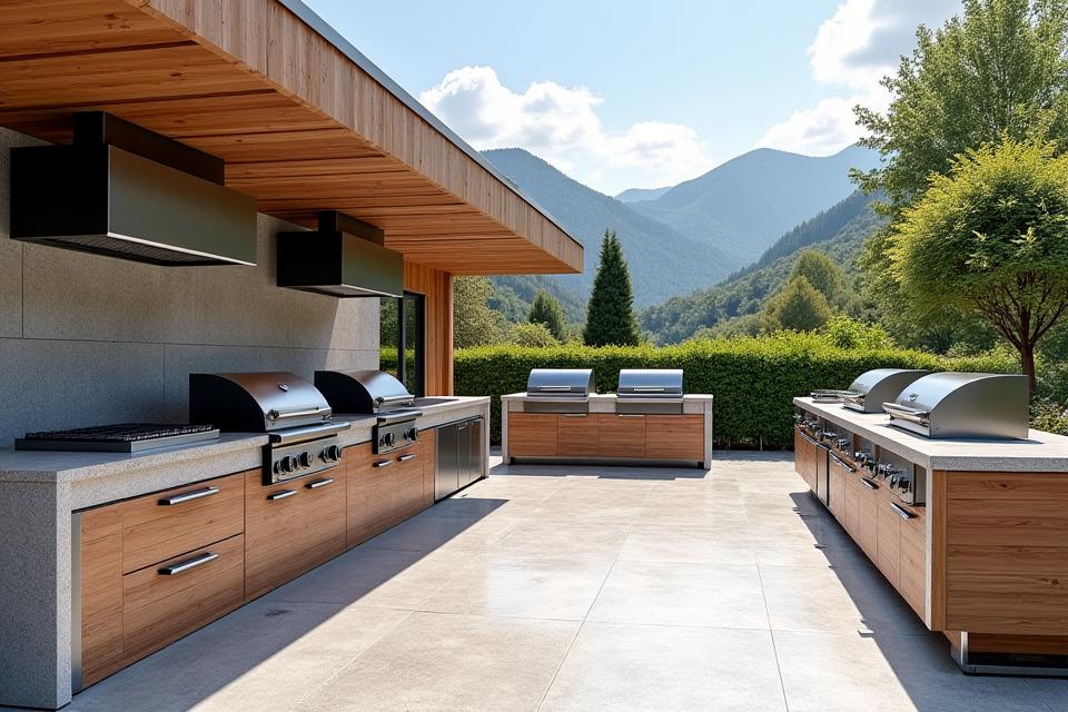 Moderne Outdoor-Lehrküche von Alpenglüh Grillkultur mit mehreren Grillstationen und Holzelementen