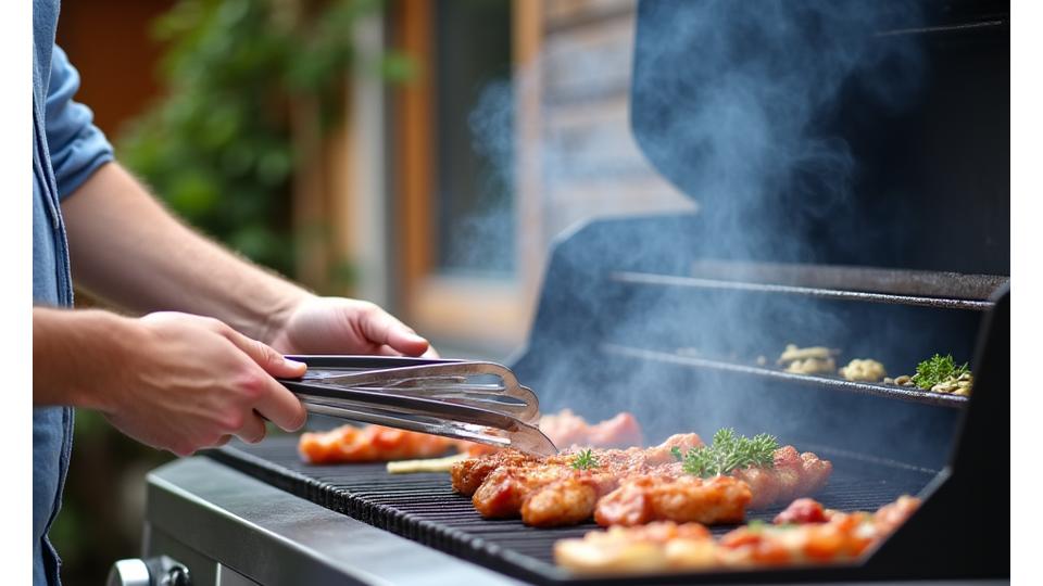 Teilnehmer eines Grillkurses, der konzentriert an einem modernen Grill arbeitet, mit einem Trainer im Hintergrund
