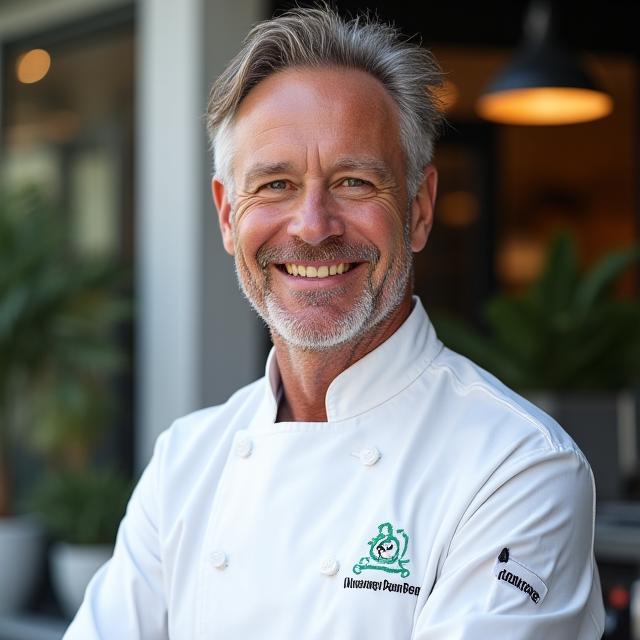 Männlicher Cheftrainer Wolfgang, mittleren Alters, lächelnd vor einem Grill