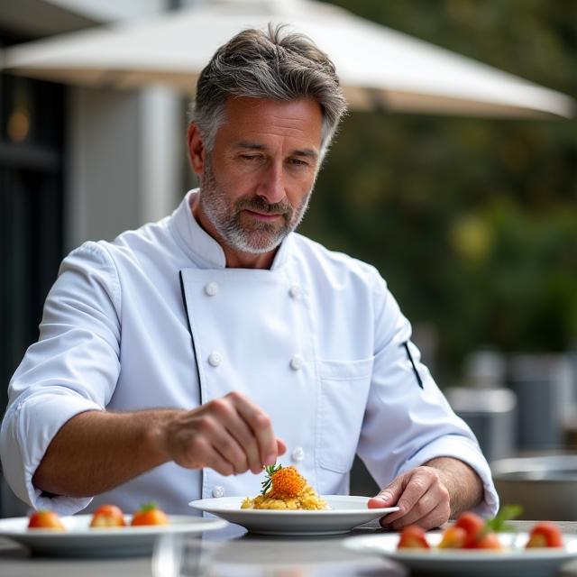 Männlicher Gourmet-Chef Marc, mittleren Alters, konzentriert beim Anrichten von Gerichten