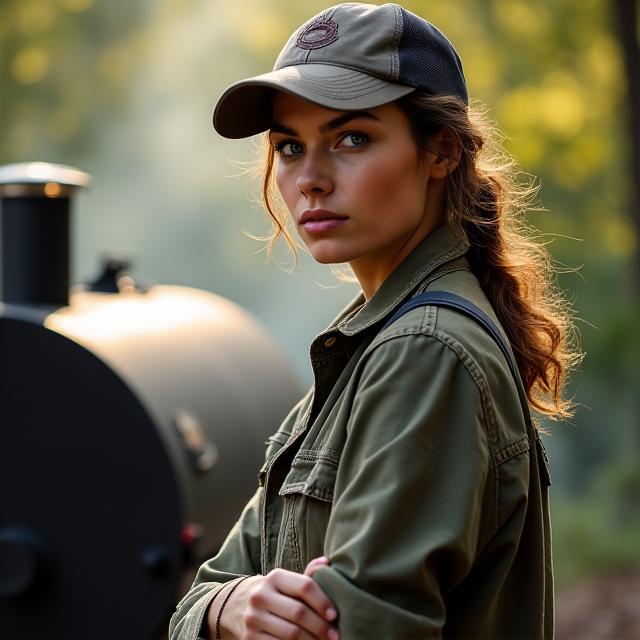Weibliche Smoker-Expertin Anna, jung, mit Fokus auf einen Smoker