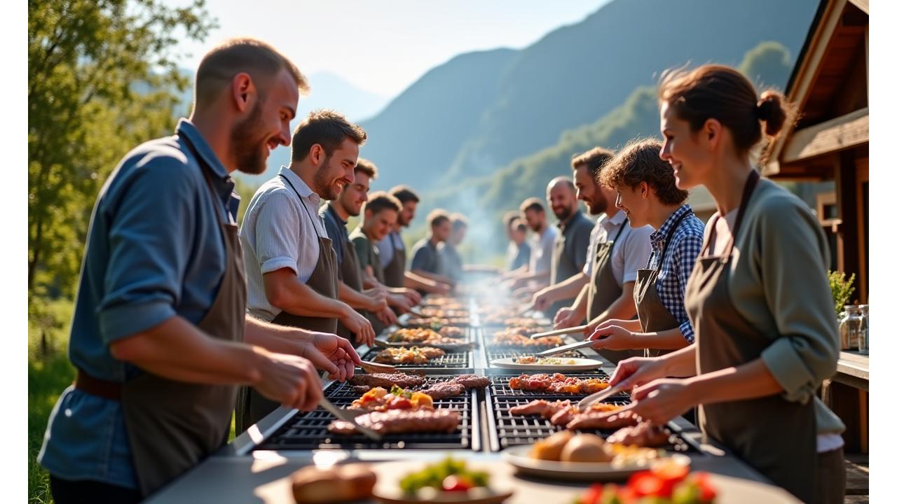 Gruppe lachender Teilnehmer beim Grillkurs im Freien, fokus auf hochwertige Grills und alpiner Hintergrund