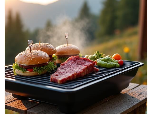 Vielfalt von Grillgut auf einem modernen Grill, daneben vegane Optionen und nachhaltige Kohle