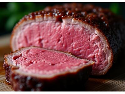 Detailaufnahme eines perfekt gegarten Beef Brisket mit Rauchring, von einem Kunden zubereitet