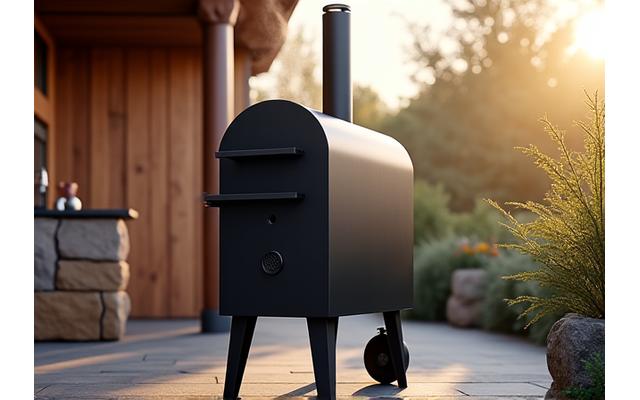 Einzigartiger, futuristischer Smoker mit elegantem Metall-Finish in einer Outdoor-Küche