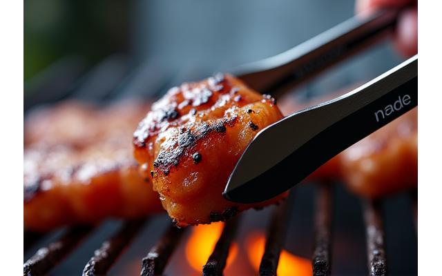 Innovative Grillzange mit integriertem Thermometer und LED-Licht bei Dämmerung