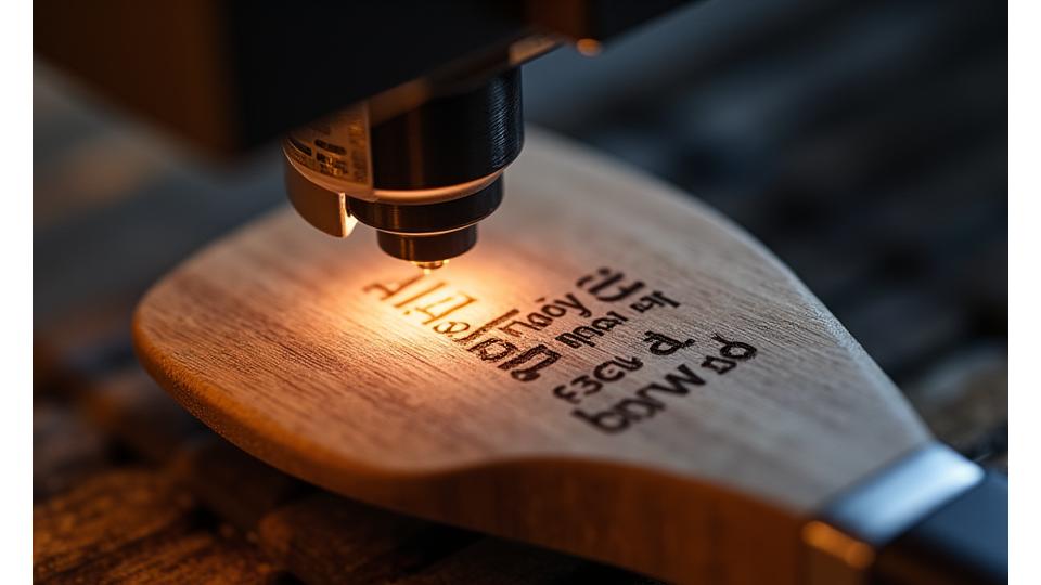 Nahaufnahme einer Laser-Gravur auf einem Holzgriff eines Grillwerkzeugs