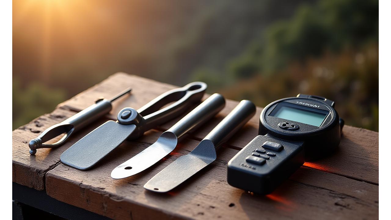 Sortiment an hochwertigem Grillzubehör: Zangen, Spieße, Thermometer auf einer rustikalen Holzoberfläche