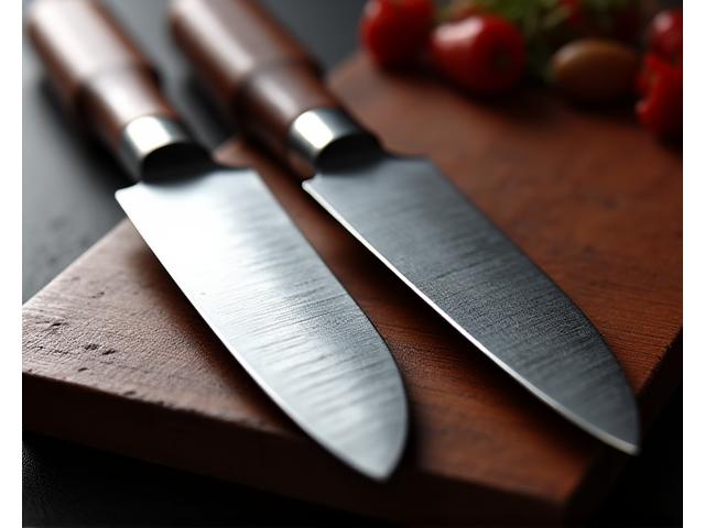 Scharfe, handgefertigte japanische Grillmesser auf einem Holzbrett