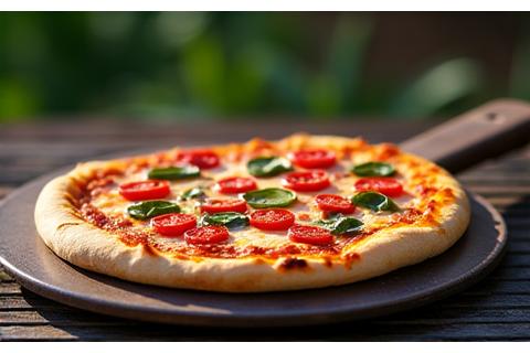 Pizzastein aus Keramik mit frischer Pizza darauf