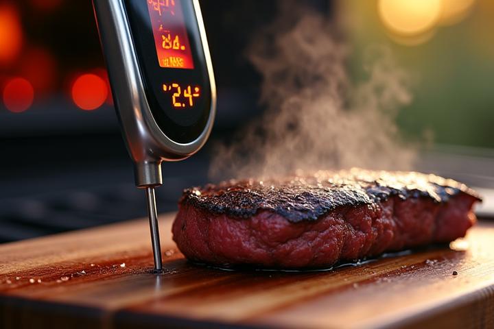 Hochpräzises digitales Grillthermometer auf einem perfekt gegrillten Steak