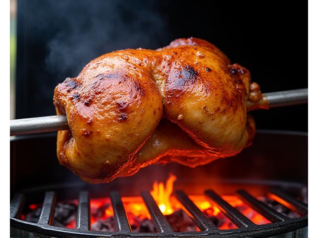 Ein ganzes Grillhähnchen auf einem Drehspieß am Grill