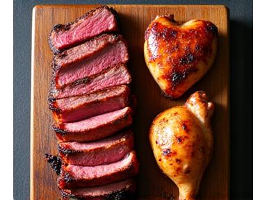 Grilliertes Steak, Schweinebauch und Geflügel