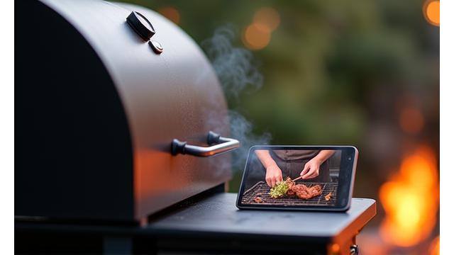 Ein Smoker in Aktion mit Qualm, im Vordergrund ein Tablet mit Video-Wiedergabe