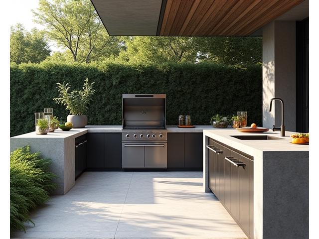 Moderne Outdoor-Küche mit integriertem Grill und Spülbecken