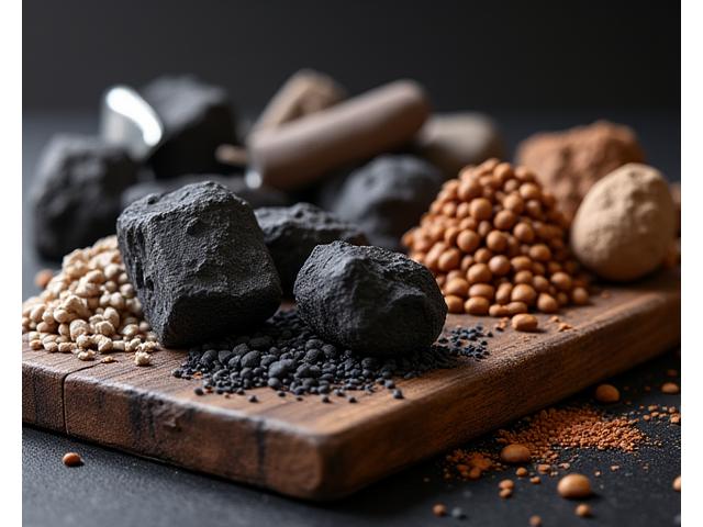 Auswahl an Premium-Holzkohle und Pellets auf einem Holzbrett