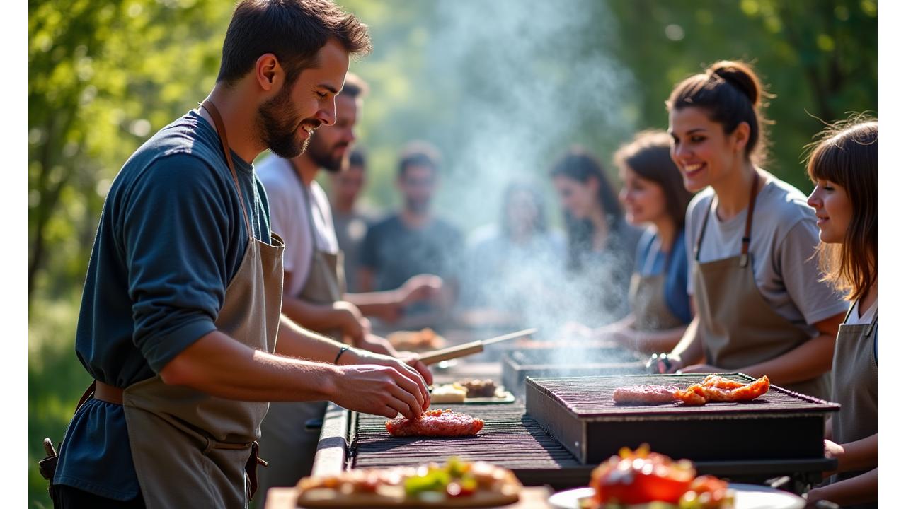 Gruppe von Menschen nimmt an einem professionellen Grillkurs teil, ein Koch erklärt Smoker-Techniken
