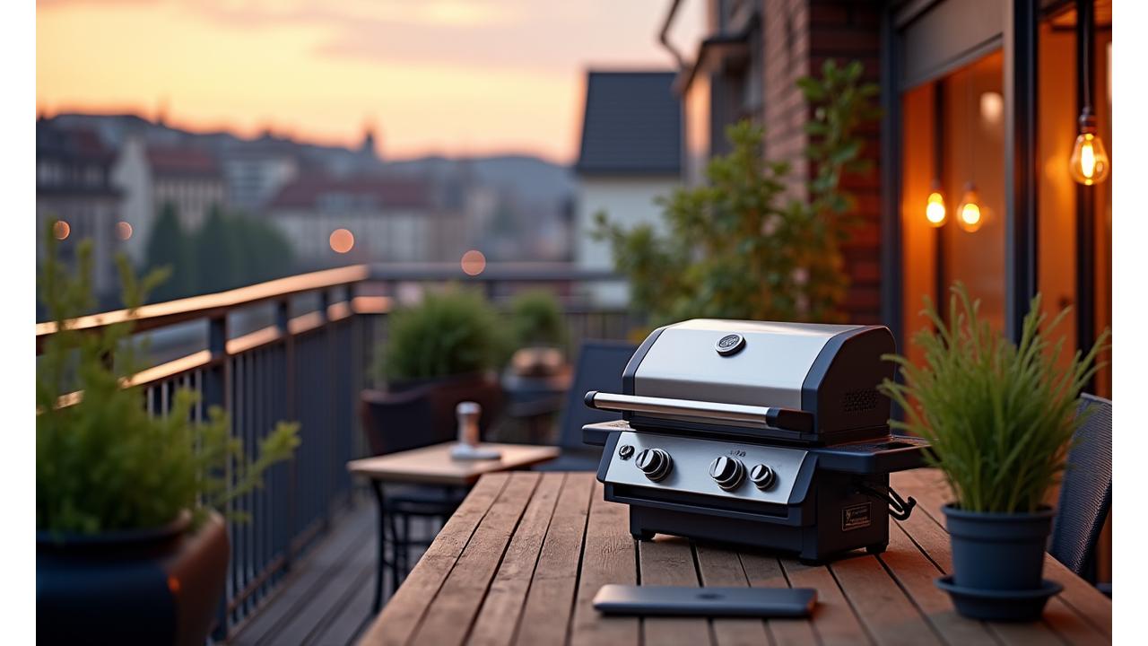 Gemütlicher Stadtbalkon mit einem modernen Kompaktgrill und bequemen Sitzgelegenheiten