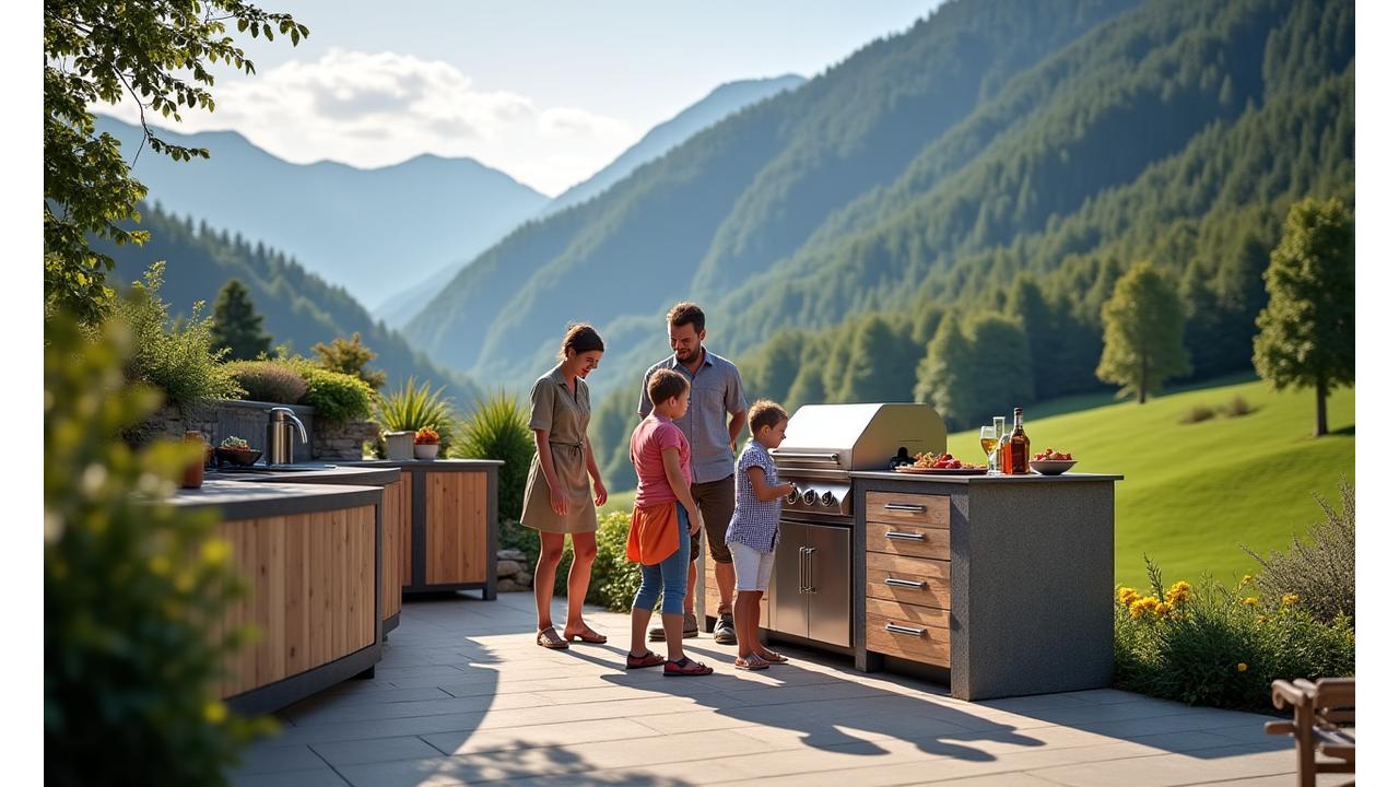 Lachende Familie beim Grillen an einer opulenten Outdoor-Küche im Schweizer Garten