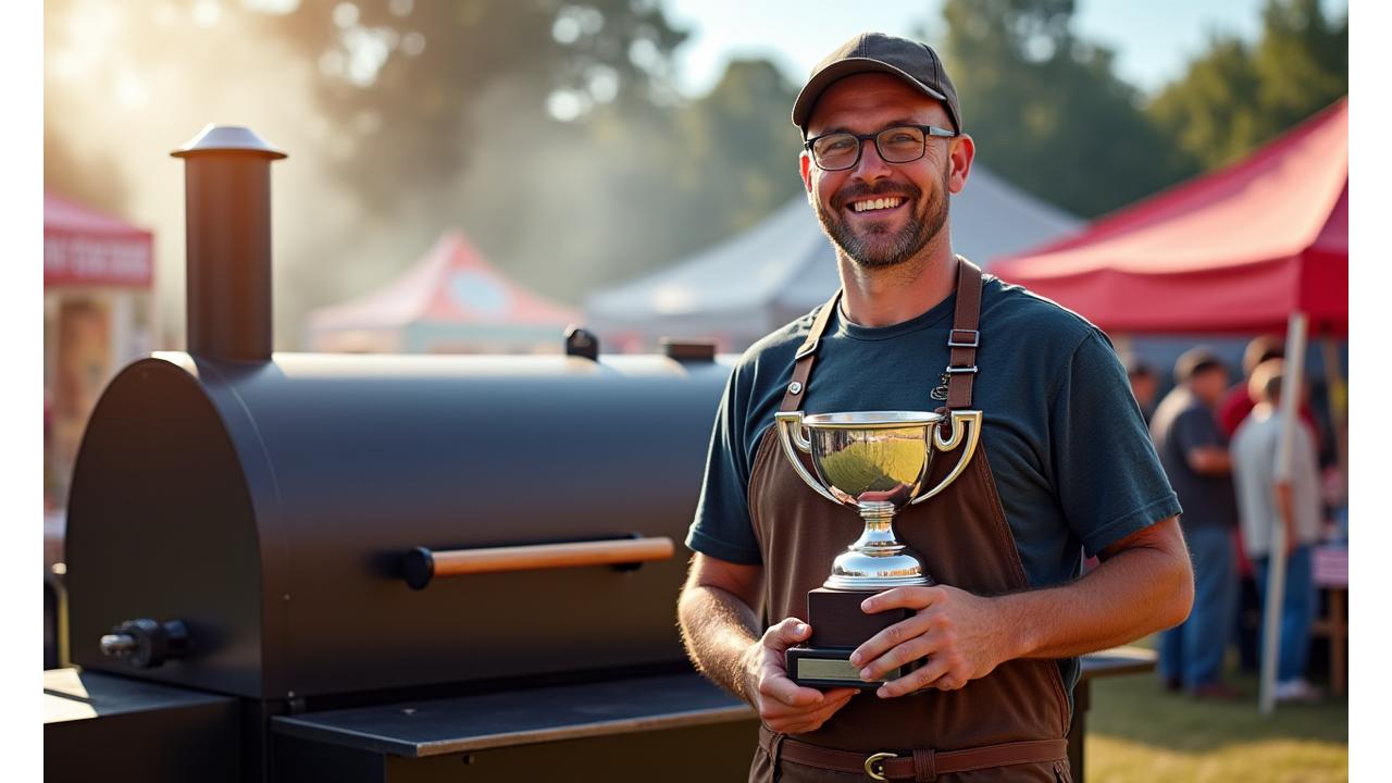 Ein stolzer BBQ-Wettbewerbsteilnehmer posiert vor seinem massgefertigten Smoker mit einer Trophäe