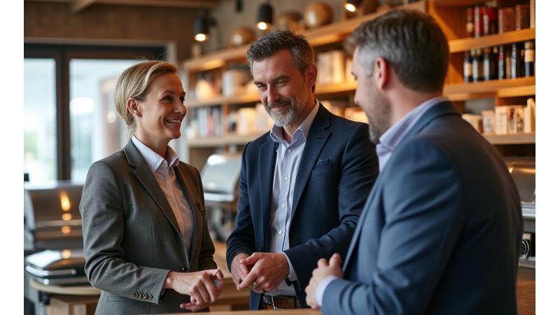 Kunde erhält persönliche Grillberatung im modernen Alpenglüh Showroom, umgeben von hochwertigen Grills, mit Blick auf die Schweizer Alpen.