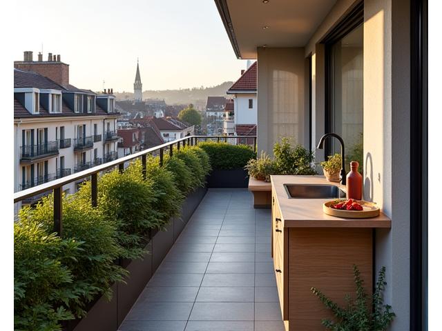 Kompakte Outdoor-Küche auf einem Stadtbalkon mit integriertem Grill und kleiner Arbeitsfläche.