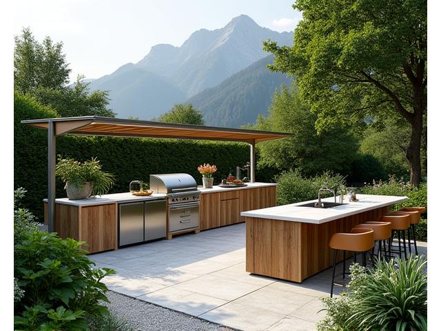 Großzügige Outdoor-Kücheninsel im Garten mit Grill, Spülbecken, Kühlschrank und Barhockern.