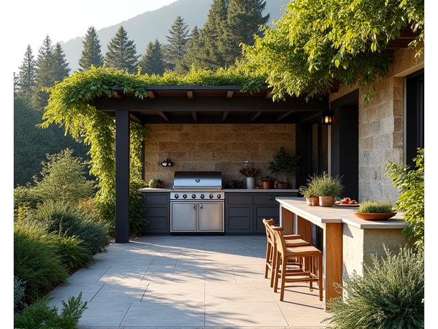 Outdoor-Küche nahtlos in eine bestehende Terrassenlandschaft mit Pergola und Sitzgelegenheiten integriert.