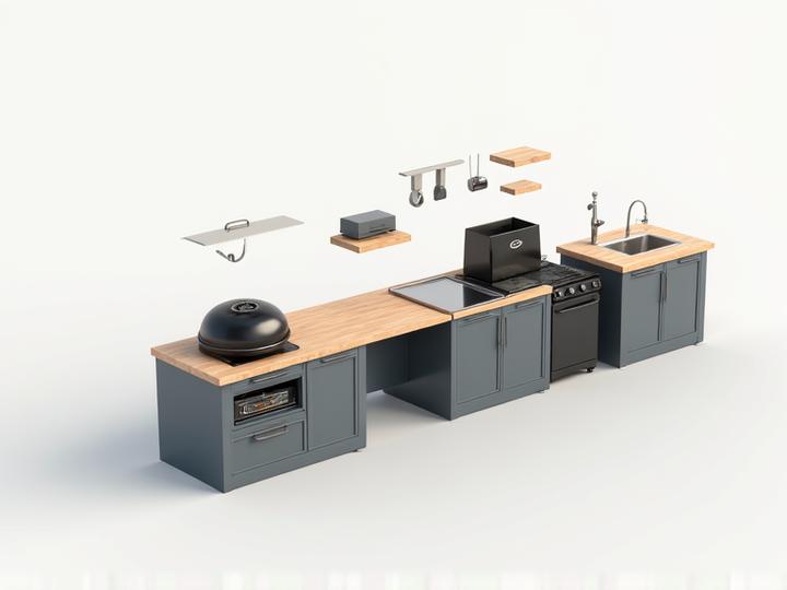 Render einer modularen Outdoor-Küche mit verschiedenen austauschbaren Elementen wie Grill, Spüle, Kühlschrank und Arbeitsflächen.
