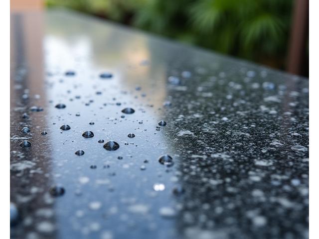 Textur eines polierten Granitarbeitsplatte mit Wasserperlen darauf, das Witterungsbeständigkeit zeigt.