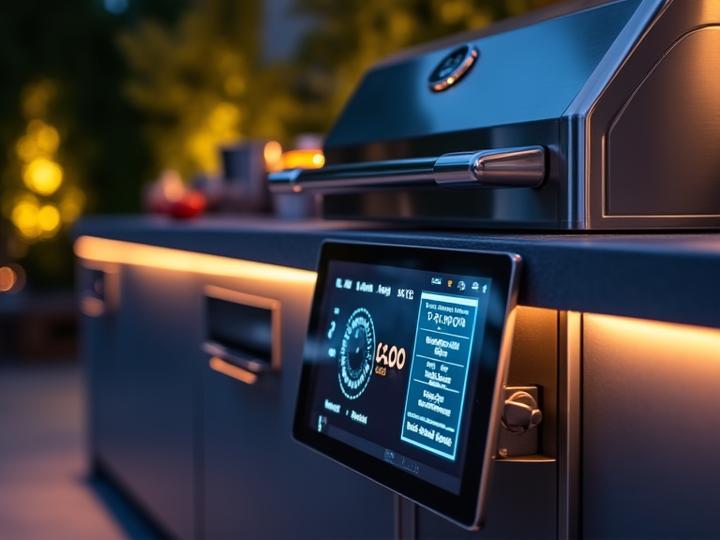 Hochmoderne Outdoor-Küche mit integriertem Tablet, das Grilltemperatur und Rezepte anzeigt, und Smart-Beleuchtung.