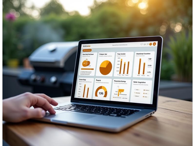 Digitales Dashboard auf einem Laptop, das Grill-Leistungsdaten und Analysen anzeigt, mit Grafiken und optimierungsvorschlägen