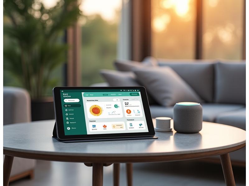 Vernetztes Zuhause-Dashboard auf einem Tablet, das Grillstatus, Wetter und Kalender anzeigt