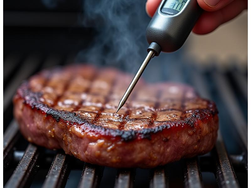 Detailaufnahme eines intelligenten Thermometers im Grillgut mit einer digitalen Anzeige, die 68°C anzeigt