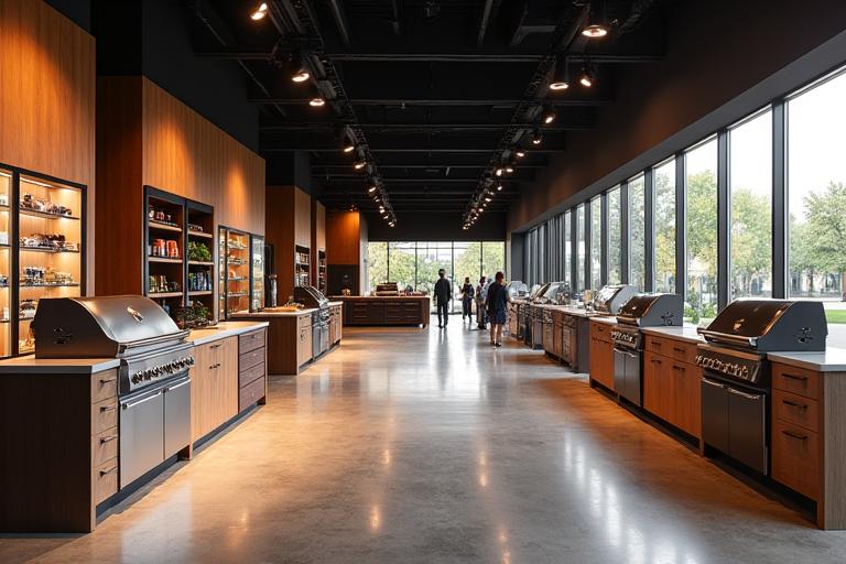 Grosszügiger, modern eingerichteter Grill-Showroom mit verschiedenen Premium-Grills und Outdoor-Küchenlösungen in einem eleganten Ambiente.